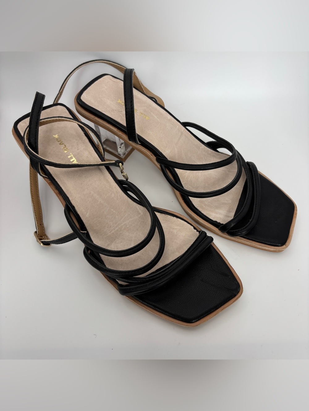 Black Strappy Square-Toe Heeled Sandals - Women